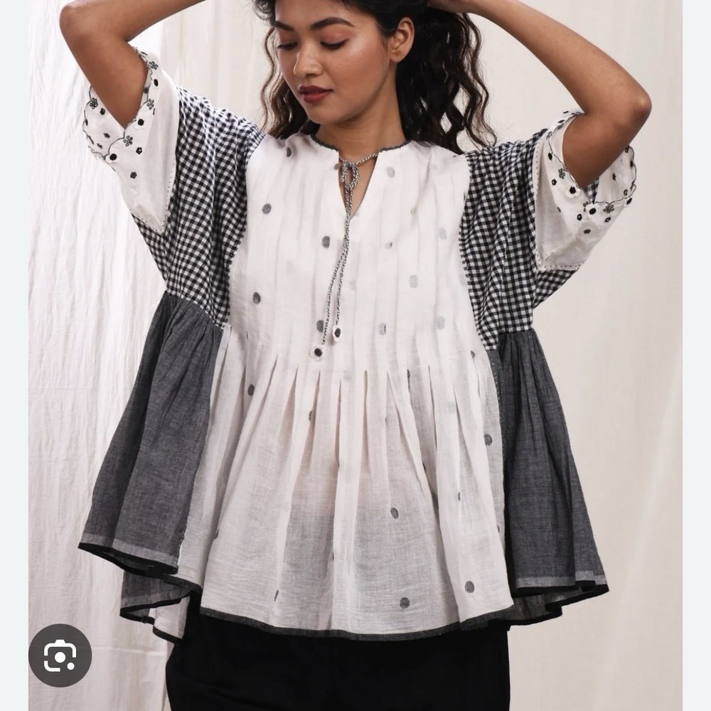 Earth Route Megha Flared Top With Pleats Womans Sz 3X Patchwork Boho Peasant MTO